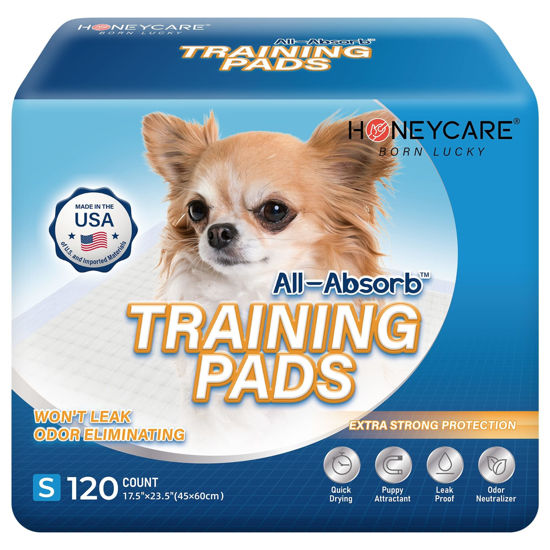 Picture of Honey Care All-Absorb, Small 17.5" x 23.5", 120 Count, Dog and Puppy Training Pads, Ultra Absorbent and Odor Eliminating, Leak-Proof 5-Layer Potty Training Pads with Quick-Dry Surface, Blue, A05