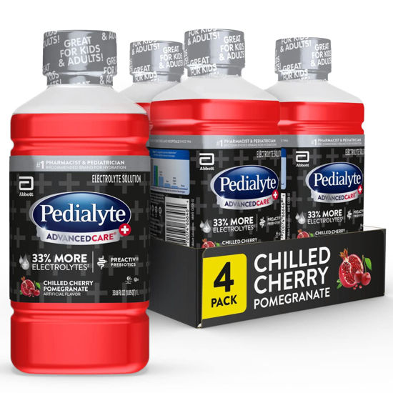 Picture of Pedialyte AdvancedCare Plus Electrolyte Drink, With 33% More Electrolytes and has PreActiv Prebiotics, Chilled Cherry Pomegranate 33.8 Fl Oz (Pack of 4)