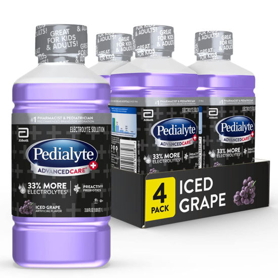 Picture of Pedialyte AdvancedCare Pedialyte AdvancedCare Plus Electrolyte Drink with 33% More Electrolytes and Has PreActiv Prebiotics, Iced Grape, 1 Liter, 4 Count