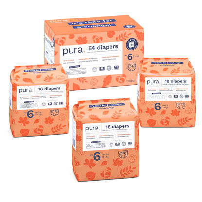 Picture of Pura Size 6 Eco-Friendly Diapers (29+ lbs) Hypoallergenic, Soft Organic Cotton, Sustainable, up to 12 Hours Leak Protection, Allergy UK, Recyclable Paper Packaging, 3 Packs of 18 Diapers (54 Diapers)