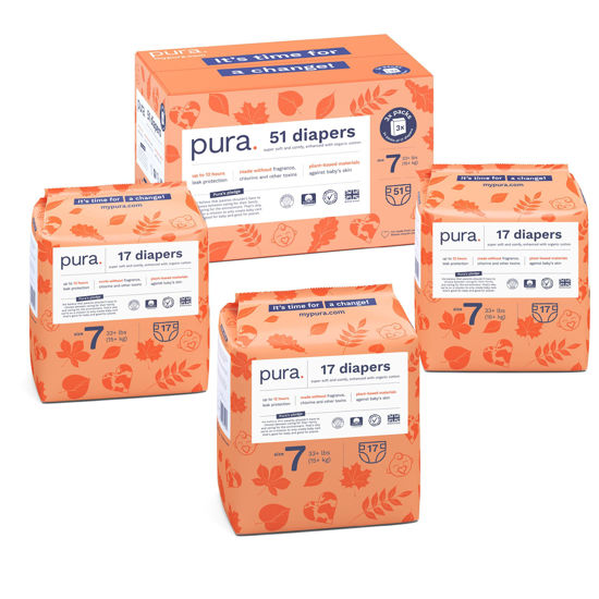 Picture of Pura Size 7 Eco-Friendly Diapers (33+lbs) Totally Chlorine Free (TCF) Hypoallergenic, Soft Organic Cotton, Sustainable, up to 12 Hours Leak Protection, Allergy UK, 3 Packs of 17 (51 Diapers)