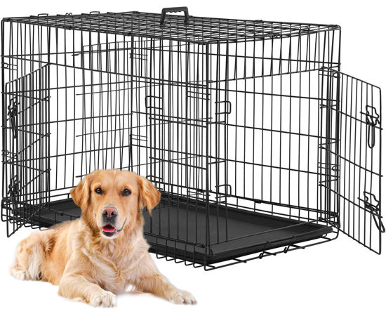 Picture of BestPet Large Dog Crate Dog Cage Dog Kennel Metal Wire Double-Door Folding Pet Animal Pet Cage with Plastic Tray and Handle,24 inches