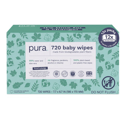 Picture of Pura Baby Wipes 12 x 60 Wipes (720 Wipes), 100% Plastic-Free & Plant Based Wipes, 99% Water, Suitable for Sensitive & Eczema-prone Skin, Fragrance Free & Hypoallergenic, EWG, Cruelty Free