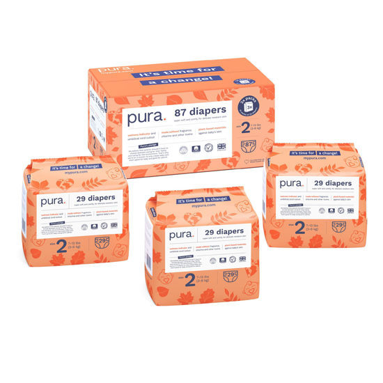 Picture of Pura Size 2 Eco-Friendly Diapers (7-13 lbs) Hypoallergenic, Soft Organic Cotton Comfort, Sustainable, Wetness Indictor. Allergy UK, Recyclable Paper Packaging. 3 Packs of 29 Diapers (87 Diapers)