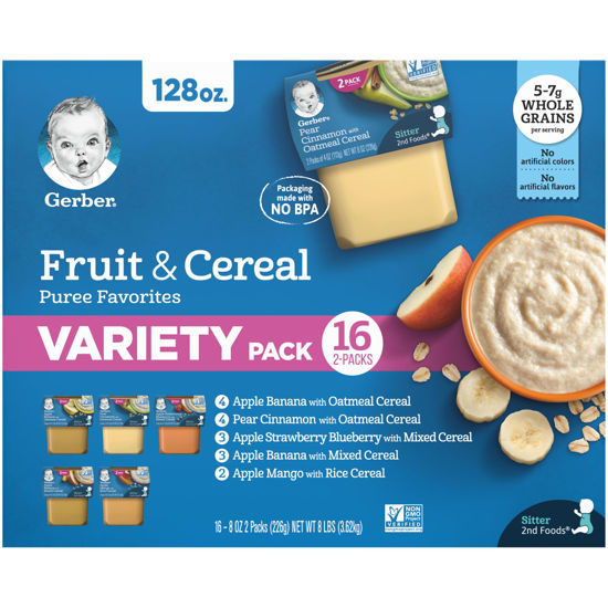 Picture of Gerber 2nd Foods Fruit and Cereal Puree Favorites Baby Food, Variety Pack, 4 oz Tubs (32 Pack)