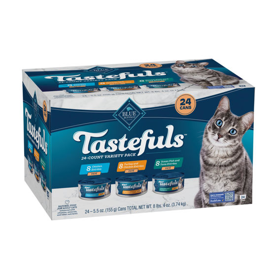 Picture of Blue Buffalo Tastefuls Wet Cat Food Paté Variety Pack, Made with Natural Ingredients | Chicken, Turkey & Chicken, Ocean Fish & Tuna Entrées, 5.5-oz. Cans (24 Count, 8 of Each)