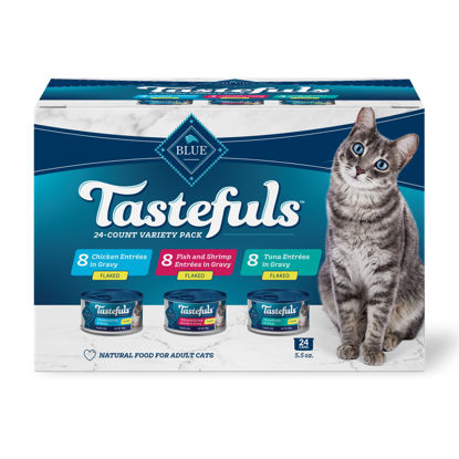 Picture of Blue Buffalo Tastefuls Flaked Wet Cat Food Variety Pack, Made with Natural Ingredients | Tuna, Chicken, Fish & Shrimp, 5.5-oz. Cans (24 Count, 8 of Each)