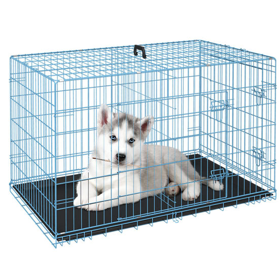 Picture of FDW Dog Crate Dog Cage Pet Crate for Large Dogs 24 Inch Folding Metal Pet Cage Double Door W/Divider Panel Indoor Outdoor Dog Kennel Leak-Proof Plastic Tray Wire Animal Cage,Blue