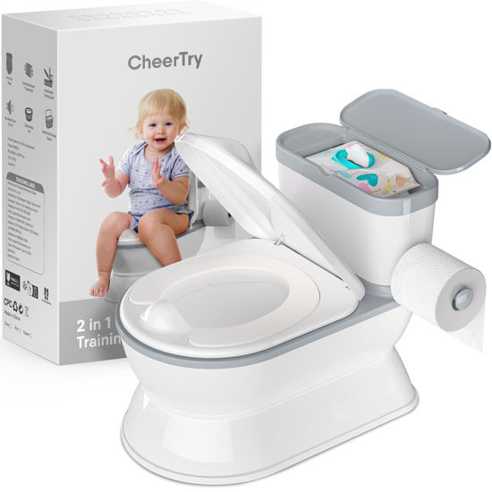 Picture of CheerTry 2-in-1 Toddler Potty Training Toilet - Larger Potty Chair & Detachable Training Seat for Boys & Girls Ages 1-3 with Flushing Sound, Wipes Storage, Toilet Paper Holder - Grey