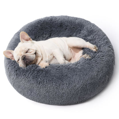 Picture of Bedsure Calming Dog Bed for Medium Dogs - Donut Washable Medium Pet Bed, 30 inches Anti-Slip Round Fluffy Plush Faux Fur Cat Bed, Fits up to 45 lbs Pets, Dark Grey