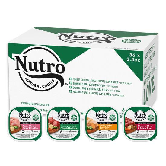 Picture of NUTRO Natural Grain Free Adult Dog Wet Food Cuts in Gravy Variety Pack of Beef, Lamb, Chicken, and Turkey Recipes, 3.5 oz. Trays (Pack of 36)