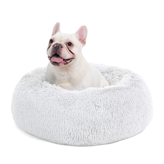 Picture of Bedsure Calming Dog Bed for Medium Dogs - Donut Washable Medium Pet Bed, 30 inches Anti-Slip Round Fluffy Plush Faux Fur Cat Bed, Fits up to 45 lbs Pets, Frost Grey