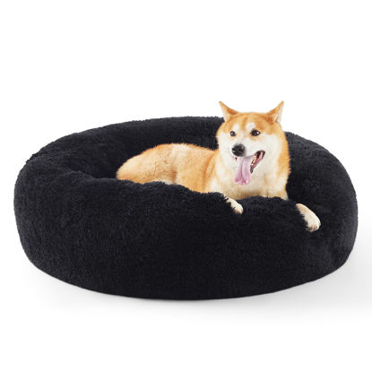 Picture of Bedsure Calming Dog Bed for Medium Dogs - Donut Washable Medium Pet Bed, 30 inches Anti-Slip Round Fluffy Plush Faux Fur Cat Bed, Fits up to 45 lbs Pets, Black