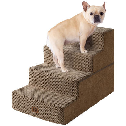 Picture of EHEYCIGA Dog Stairs for Bed 18”H, 4-Step Dog Steps for High Bed, Pet Steps for Small Dogs and Cats, Non-Slip Balanced Dog Indoor Ramp, Camel