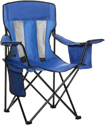 Picture of Amazon Basics Portable Camping Chair with 4-Can Cooler, Side Pocket, Cup Holder, and Carry Bag, Collapsible for Camping, Tailgates, Beach, and Sports, Large, Mesh Back, Blue