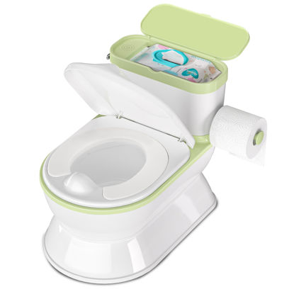 Picture of CheerTry 2-in-1 Toddler Potty Training Toilet - Larger Potty Chair & Detachable Training Seat for Boys & Girls Ages 1-3 with Flushing Sound, Wipes Storage, Toilet Paper Holder - Green