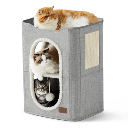 Picture of Bedsure 2-Level Cat House for Indoor Cats - Small Cat Towers with Scratch Pad and Hideaway Condo, Cat Cave Bed Furniture for Multi Pets and Large Cats, 18x14x23 inches, Grey