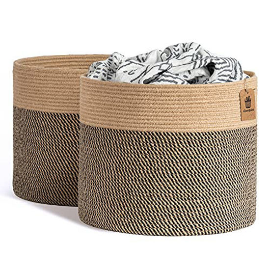 Picture of Goodpick 2pack Large Woven Storage Baskets Wicker Storage Basket for Shoes Jute Basket Boho Toy Basket Yoga Mat Storage Round Storage Bin Black & Jute