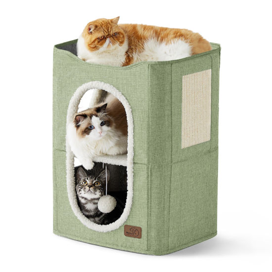 Picture of Bedsure 2-Level Cat House for Indoor Cats - Small Cat Towers with Scratch Pad and Hideaway Condo, Cat Cave Bed Furniture for Multi Pets and Large Cats, 18x14x23 inches, Green