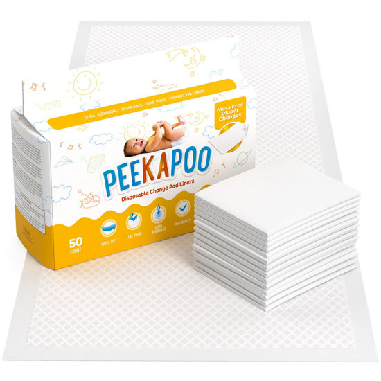 Picture of Peekapoo - Disposable Changing Pad Liners (100 Pack) Super Soft, Ultra Absorbent & Waterproof - Covers Any Surface for Mess Free Baby Diaper Changes