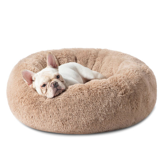 Picture of Bedsure Calming Dog Bed for Medium Large Dogs - Donut Washable Large Pet Bed, 33 inches Anti-Slip Round Fluffy Plush Faux Fur Dog Bed, Camel