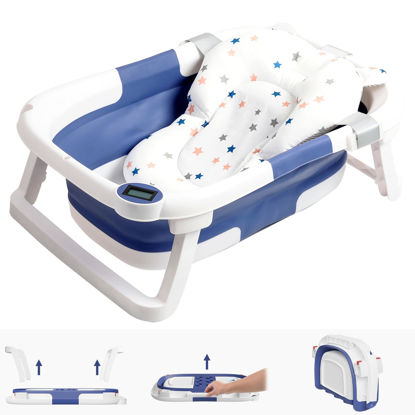 Picture of napei Collapsible Baby Bathtub,Baby Bath Tub with Soft Cushion & Thermometer,Baby Bathtub Newborn to Toddler 0-36 Months,Portable Travel Baby Tub (Blue)