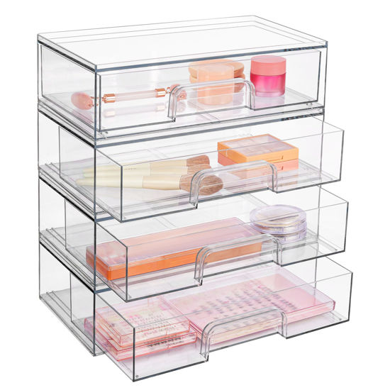 Picture of Vtopmart 12''W Clear Stackable Storage Drawers,4 Pack Acrylic Plastic Organizers Bins for Makeup Palettes, Cosmetics, and Beauty Supplies,Ideal for Vanity, Bathroom,Cabinet,Desk Organization