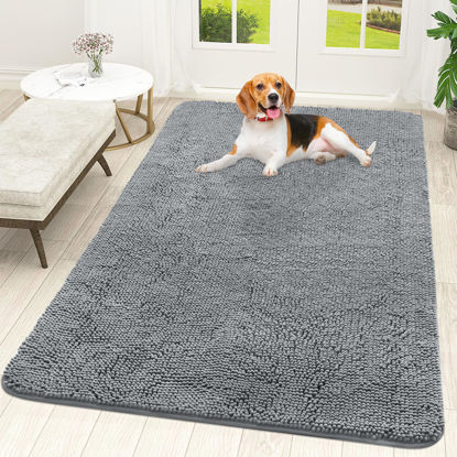 Picture of OLANLY Dog Door Mat for Muddy Paws 59x35, Absorbs Moisture and Dirt, Absorbent Non-Slip Washable Mat, Quick Dry Chenille, Mud Mat for Dogs, Entry Indoor Door Mat for Inside Floor, Grey