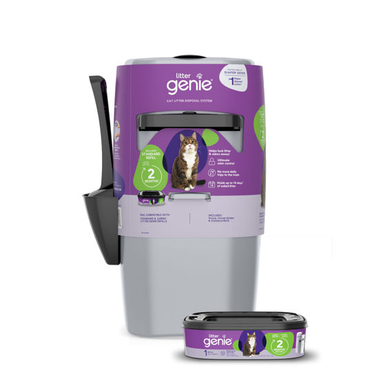 Picture of Litter Genie Standard Pail (Silver) | Cat Litter Box Waste Disposal System for Odor Control | Includes 1 Square Refill Bag