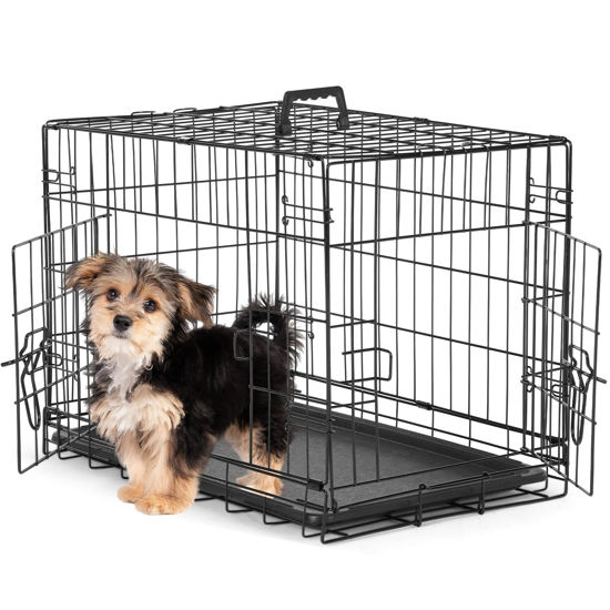 Picture of Sweetcrispy Small Dog Crate with Divider Panel,24 Inch Double Door Folding Metal Wire Dog Cage with Plastic Leak-Proof Pan Tray, Pet Kennel for Indoor, Outdoor, Travel