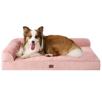 Picture of EHEYCIGA Memory Foam Large Dog Bed, Orthopedic Dog Beds for Large Dogs, Waterproof Egg Crate Dog Couch Bed with Washable Removable Cover and Non-Slip Bottom, L Shaped Dog Bed, Dusty Pink