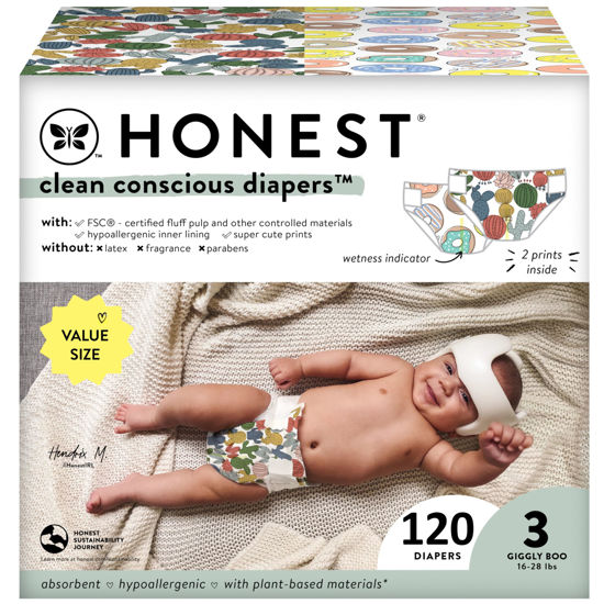 Picture of The Honest Company Clean Conscious Diapers | Plant-Based, Sustainable | Cactus Cuties + Donuts | Super Club Box, Size 3 (16-28 lbs), 120 Count