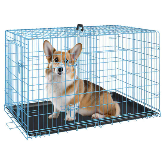 Picture of FDW Dog Crate Dog Cage Pet Crate for Large Dogs 30 Inch Folding Metal Pet Cage Double Door W/Divider Panel Indoor Outdoor Dog Kennel Leak-Proof Plastic Tray Wire Animal Cage,Blue