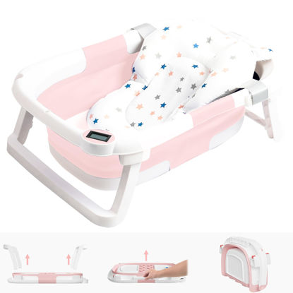 Picture of NAPEI Collapsible Baby Bathtub,Baby Bath Tub with Soft Cushion & Thermometer,Baby Bathtub Newborn to Toddler 0-36 Months,Portable Travel Baby Tub,Pink