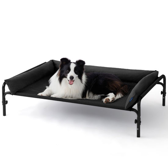 Picture of Bedsure Elevated Raised Outdoor Dog Bed - Cooling Dog Cot Bed with Bolster for Large Dog, Lifted Pet Bed with Durable Breathable Teslin Mesh, Dog Hammock Bed with Non-Slip Feet, Black, 42 inches