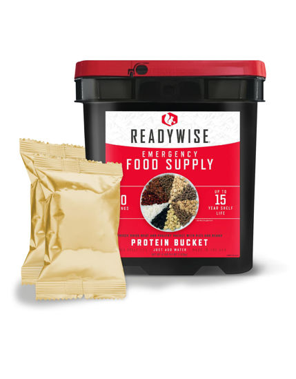 Picture of READYWISE - Protein Bucket, 110 Servings, Emergency, MRE Meal & Drink Supply, Premade, Freeze Dried Survival Food, Hiking, Adventure & Camping Essentials, Individually Packaged, 15 Year Shelf Life