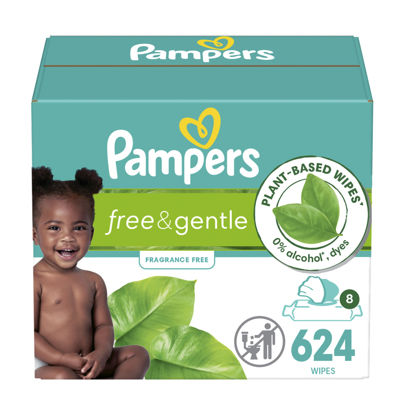 Picture of Pampers Free & Gentle Baby Wipes, 99% Water, Hypoallergenic, Unscented, 100% Plant Based, Plastic-Free Baby Wipes, 624 Baby Wipes Total (8 Flip-Top Packs)