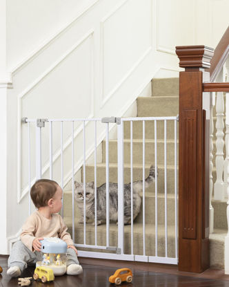 Picture of InnoTruth Baby Gate for Stairs 28.9-42.1" Wide, 30" Tall Easy Step Walk Through Expandable Dual Lock Dog Gates for The House, Metal Pressure Mounted Easy Install Pet Gate for Dogs, White