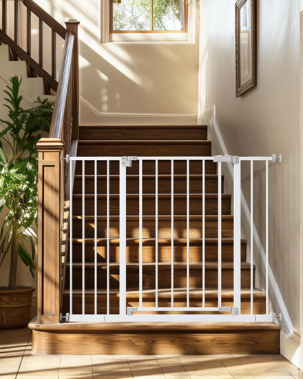 Picture of InnoTruth 28.9-42.1" Wide Baby Gate for Stairs, 30" Tall Dog Gates for Doorways Expandable One-Hand Open, Easy Walk Through Dual Lock Metal Pet Gates for Dogs, White-Family & Mom's Choice Award Winner