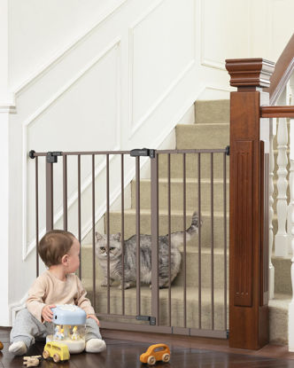 Picture of InnoTruth Baby Gate for Stairs 28.9-42.1" Wide, 30" Tall Easy Step Walk Through Expandable Dual Lock Dog Gates for The House, Metal Pressure Mounted Easy Install Pet Gate for Dogs, Brown