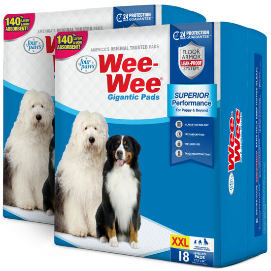 Picture of Four Paws Wee-Wee Superior Performance Gigantic Pee Pads for Extra Large Dogs, Leak-Proof Floor Protection Dog & Puppy Quilted Potty Training Pads, Unscented, 27.5" x 44" (36 Count)