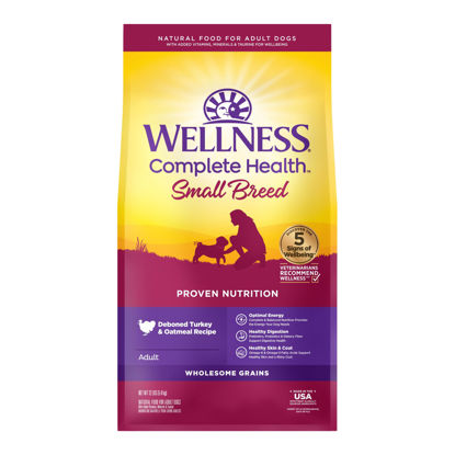 Picture of Wellness Complete Health Small Breed Adult Dry Dog Food with Grains and Real Turkey, Natural Ingredients, Omega Fatty Acids, and Probiotics, Made in USA (12-Pound Bag)”