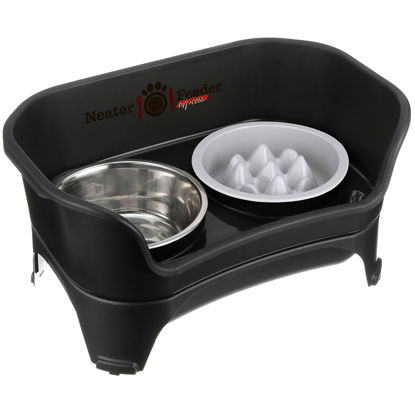 Picture of Neater Feeder - Express Model w/Niner 9 Peak Slow Feed Bowl - Mess-Proof Dog Bowls (M/L, Black) - Made in USA - Elevated, No Spill, Non-Tip, Non-Slip, Raised Food/Water Pet Bowls Aid Digestion