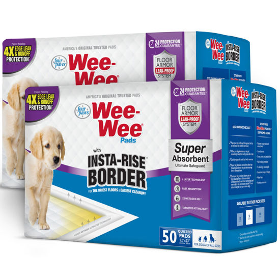 Picture of Four Paws Wee-Wee Super Absorbent Dog Pads with Insta-Rise Border Value Bundle - Dog & Puppy Pads for Potty Training - Dog Housebreaking & Puppy Supplies - 22" x 23” (2 Packs, 50-Count Each)