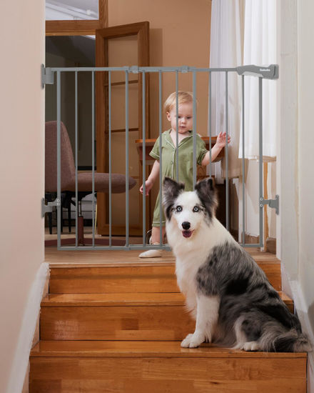 Picture of Babelio 26-43" No Bottom Bar Baby Gate for Babies, Elders and Pets, 2-in-1 Hardware Mount Dog Gate for The House, Stairs and Doorways, Safety Pet Gates with Large Walk Thru Door, Gray