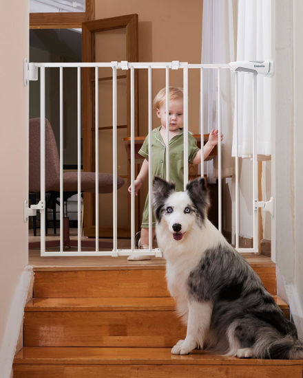 Picture of Babelio 26-43" No Bottom Bar Baby Gate for Babies, Elders and Pets, 2-in-1 Hardware Mount Dog Gate for The House, Stairs and Doorways, Safety Pet Gates with Large Walk Thru Door, White