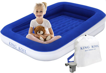 Picture of King Koil Toddler Inflatable Childrens Airbed, Travel Bed with Built-in Safety Bumper, Portable Air Mattress for Kids, Includes High Speed Pump - Blue, 1-Year Manufacturer Warranty