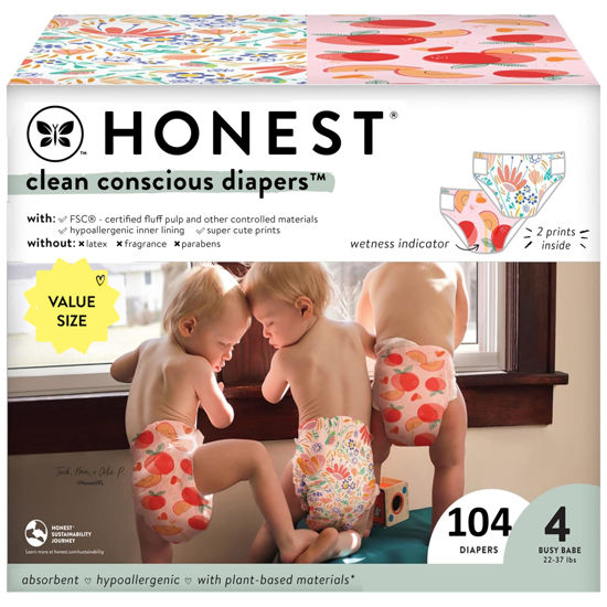 Picture of The Honest Company Clean Conscious Diapers | Plant-Based, Sustainable | Just Peachy + Flower Power | Super Club Box, Size 4 (22-37 lbs), 104 Count