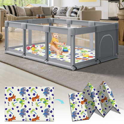 Picture of Fshibila 74" ×50" Large Baby Playpen, Baby Playard for Babies and Toddlers, Baby Fence Play Pens for Indoor & Outdoor, Sturdy Safety Play Yard with Soft Breathable Mesh, Anti-Fall, Grey (with MAT)