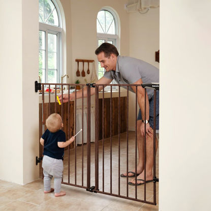 Picture of Babelio 34" Extra Tall Baby/Dog Gate with No Threshold Design Walk Thru Door, 26-43" Auto Close Safety Gate for Babies, Elders and Pets, Fits Doorways, Stairs, and Entryways, Black Wood Pattern